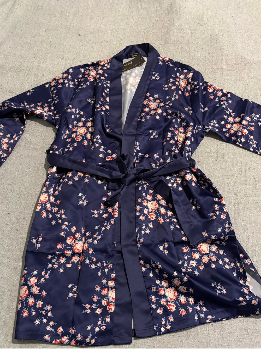 New, never worn: Morgan Lane Navy Floral Satin Wrap Robe with Tie-Waist